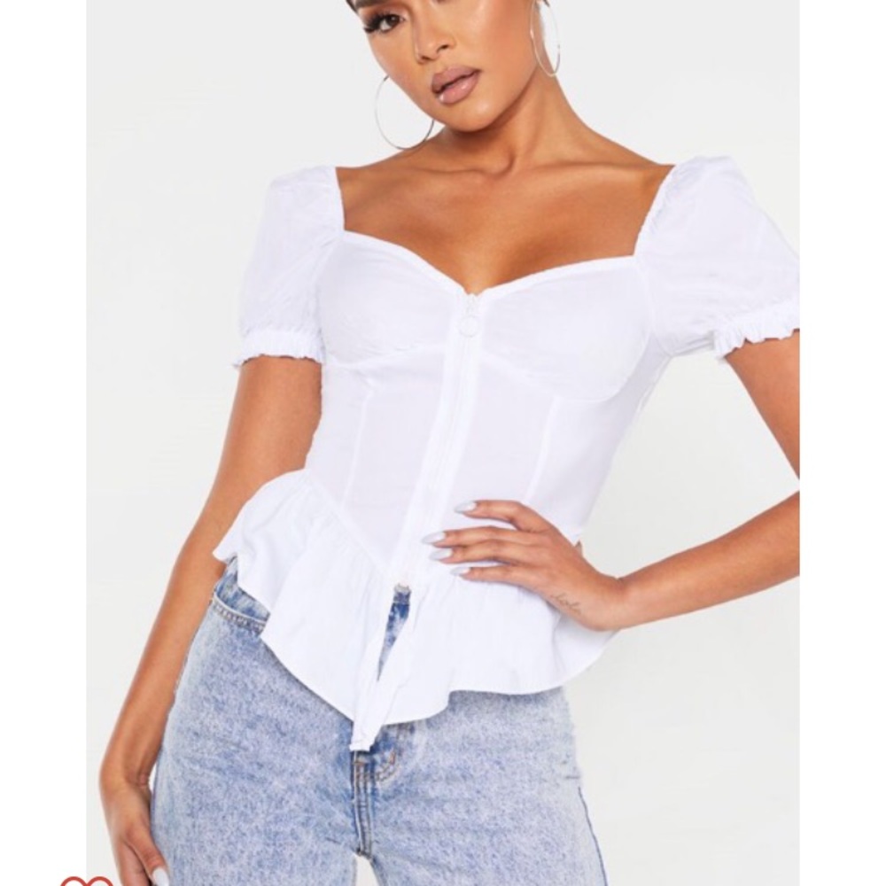 NWT White Woven Frill Hem Zip Front Top
